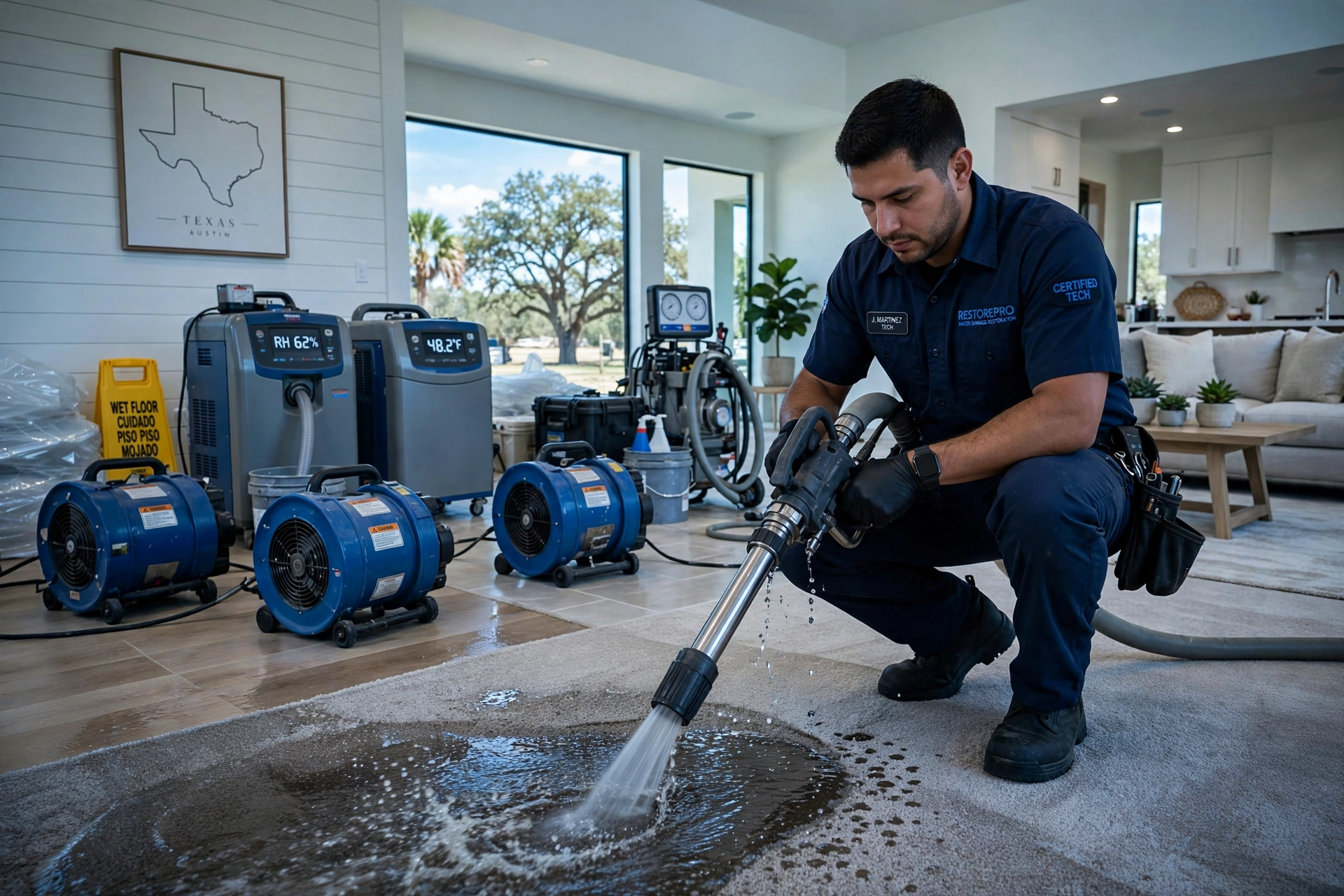 Emergency water damage restoration Texas crew at work Water damage restoration Texas — certified crew drying a flooded home